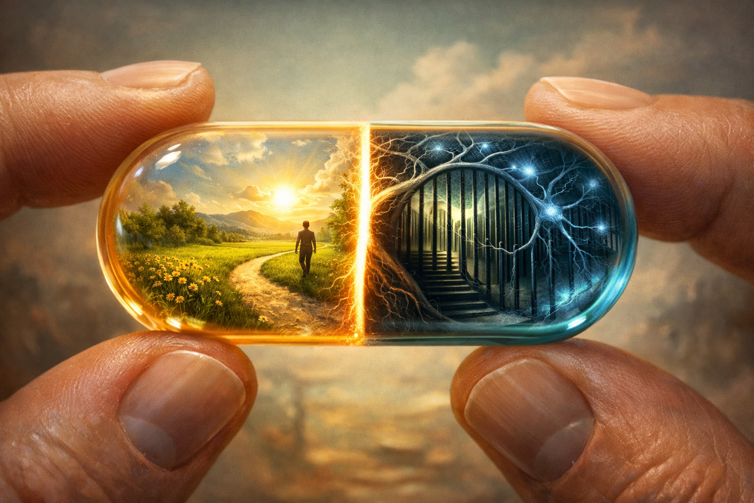 A pill casting two shadows - one of freedom, one of chains